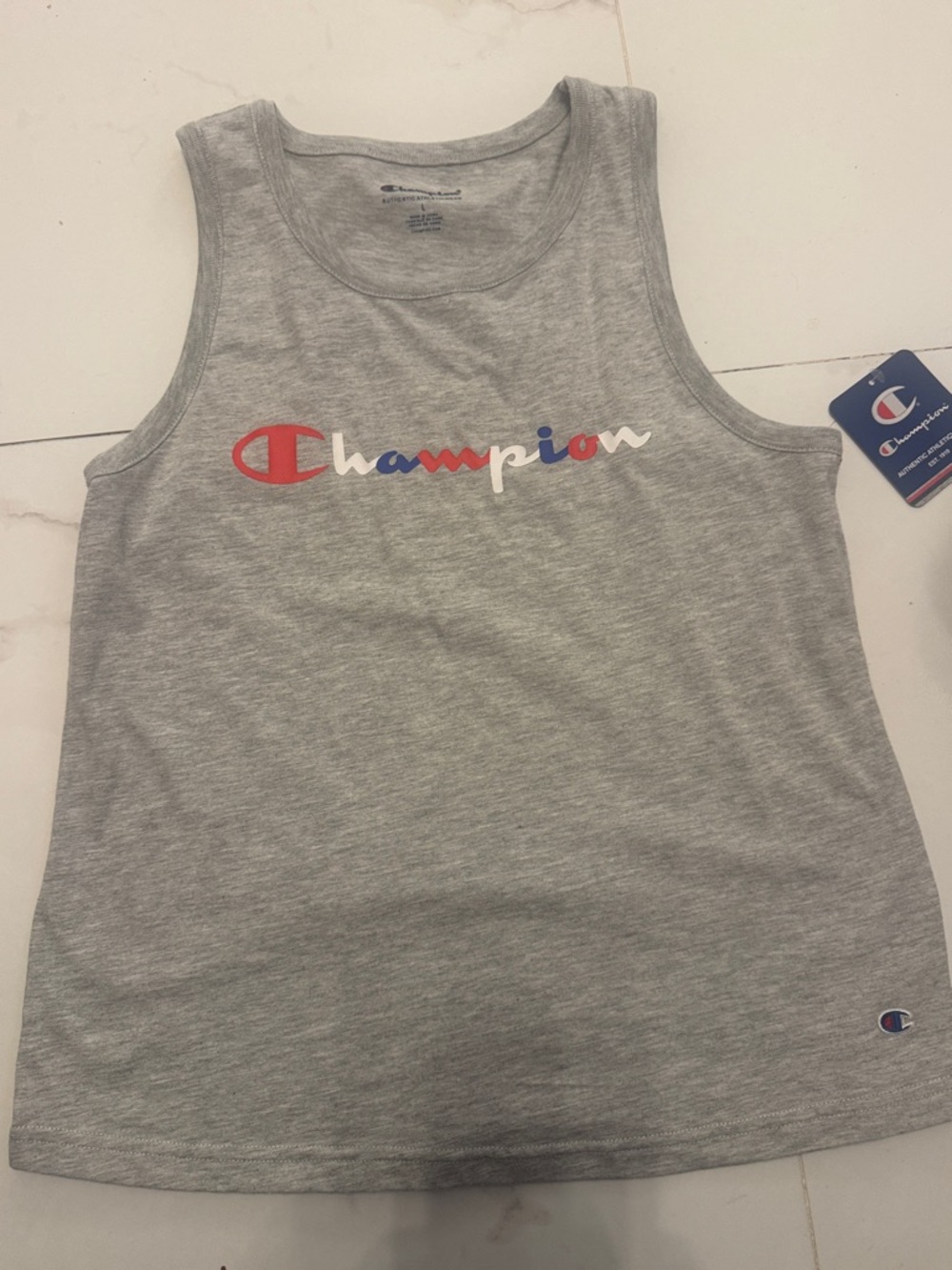 Champion Gray Tank Top with Red, Blue & White Logo
